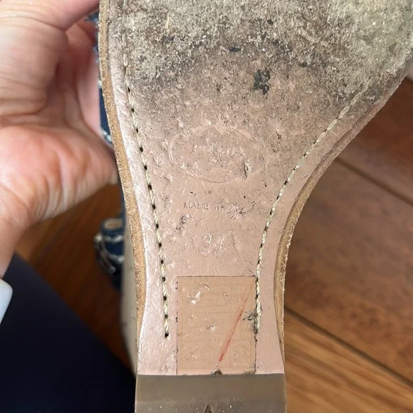 Prada | Denim Fringe Cork Wedges Size 37 Blue White Stitched - Picture 10 of 12